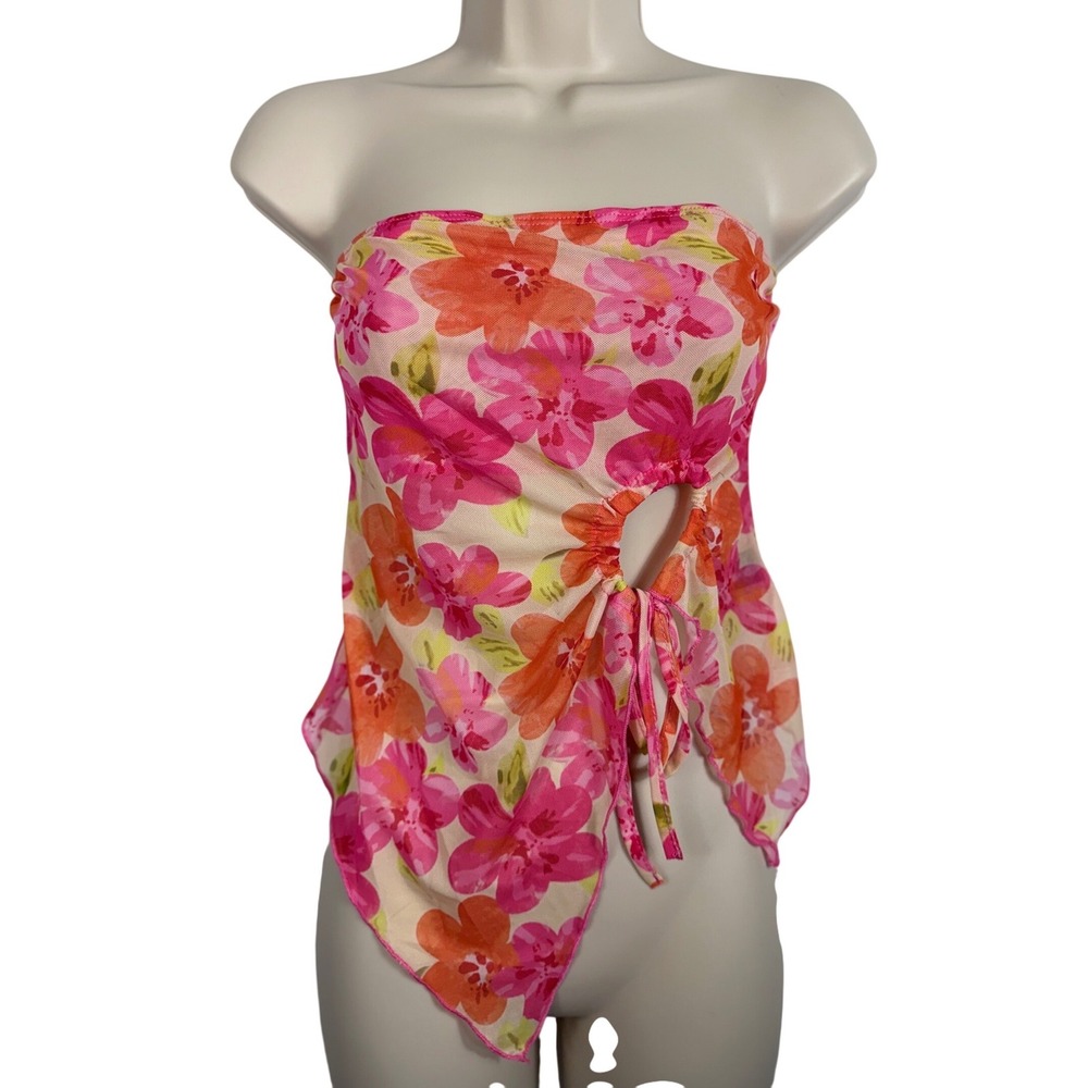 Women's Tube Top XS Pink Floral‎ Mesh Handkerchief Hem Cutout Tie Y2K Shein